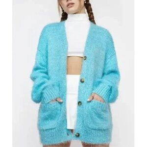 Free People Nevermind Fuzzy Cardigan Blue Butterfly Size XS